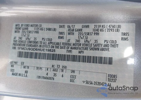 2017 Ford Escape Se из США, поврежденный, VIN 1FMCU9GD6HUE19825